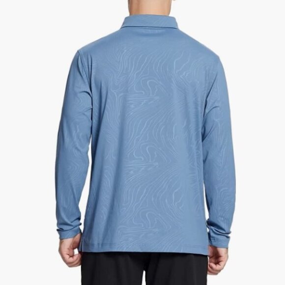 Golf Shirt Long Sleeve Casual Performance Dry Fit Embossed Polo Shirt, Blue - Picture 4 of 6